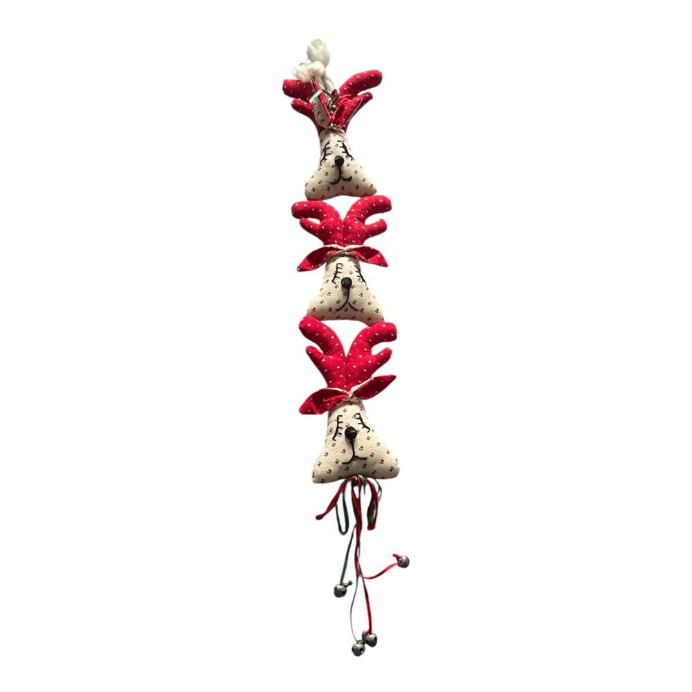 Vintage Handmade Plush Reindeer Jingle Bell Christmas Door Hanger Cottagecore
